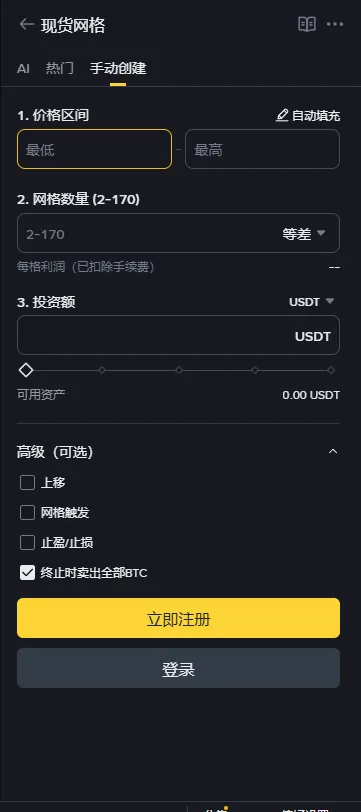 币安现货网格手动创建表单：1. 价格区间（最低、最高，右侧有自动填充），2. 网格数量 (2-170) 和等差下拉框，下方是每格利润（已扣除手续费），3. 投资额 USDT 和可用资产，高级（可选）里有上移、网格触发、止盈/止损、终止时卖出全部BTC 四个勾选框，其中终止时卖出全部BTC 默认已勾选